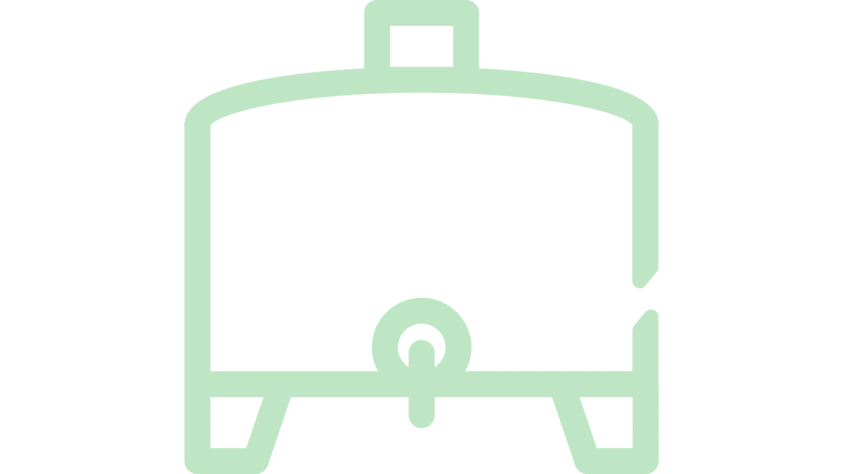 Light green line drawing of a tank with a rectangular top, rounded bottom, two support legs, and a central spout. 