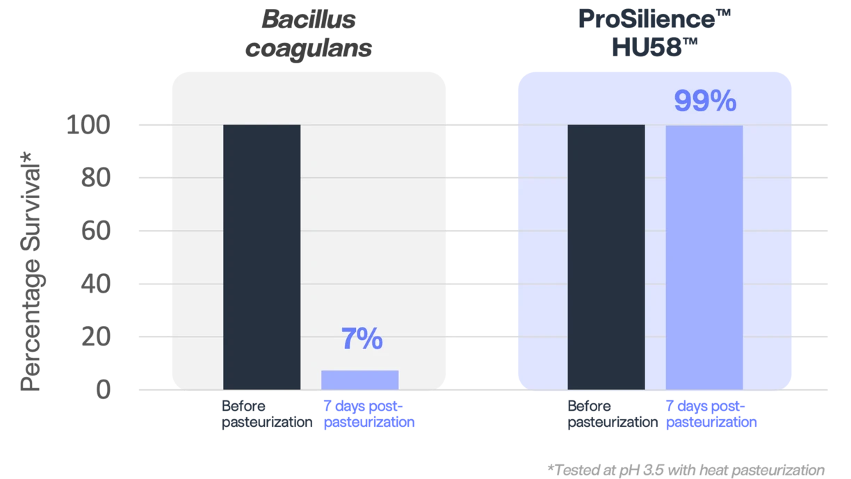 ProSilience™ HU58™ delivers significantly better stability through high-heat pasteurization compared to common B. coagulans strains. 
