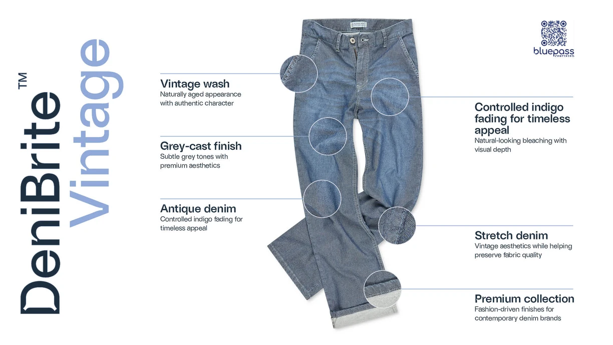 a pair of jeans with text explaining benefits of biobleaching