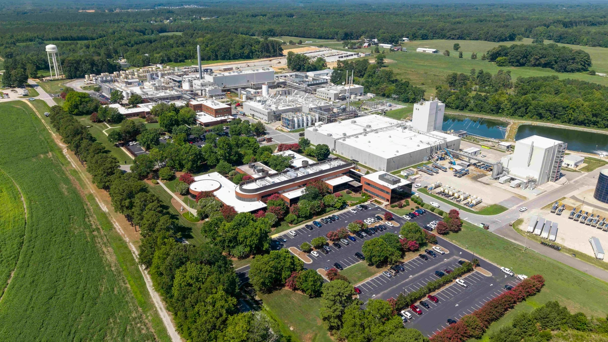 An aerial image of the Franklinton, NC site on a sunny day