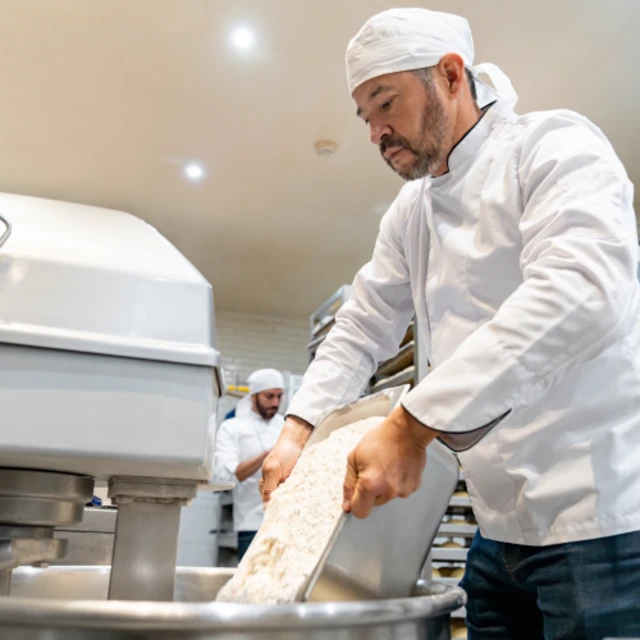 Man pouring flour in mixer