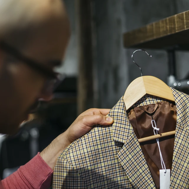 man looking at tweed vest