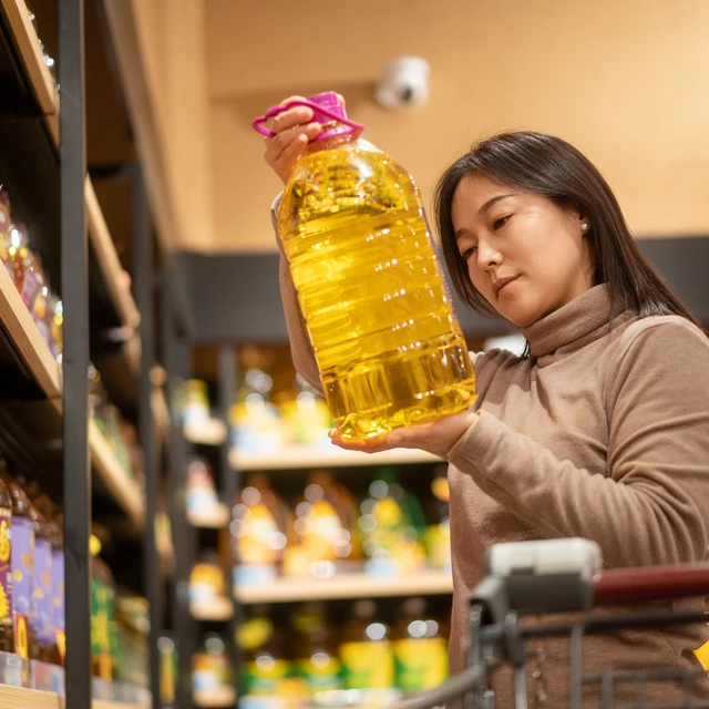 Asian women are buying edible oil in the supermarket