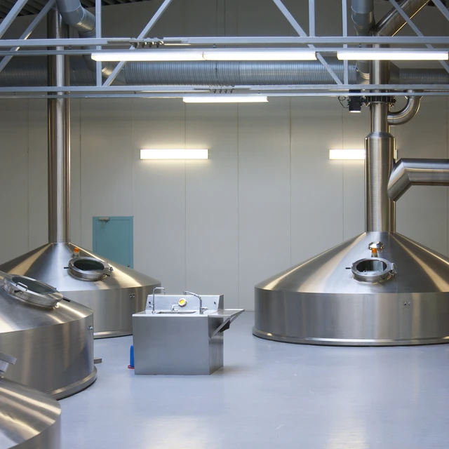 Interior of brewery large steel tanks