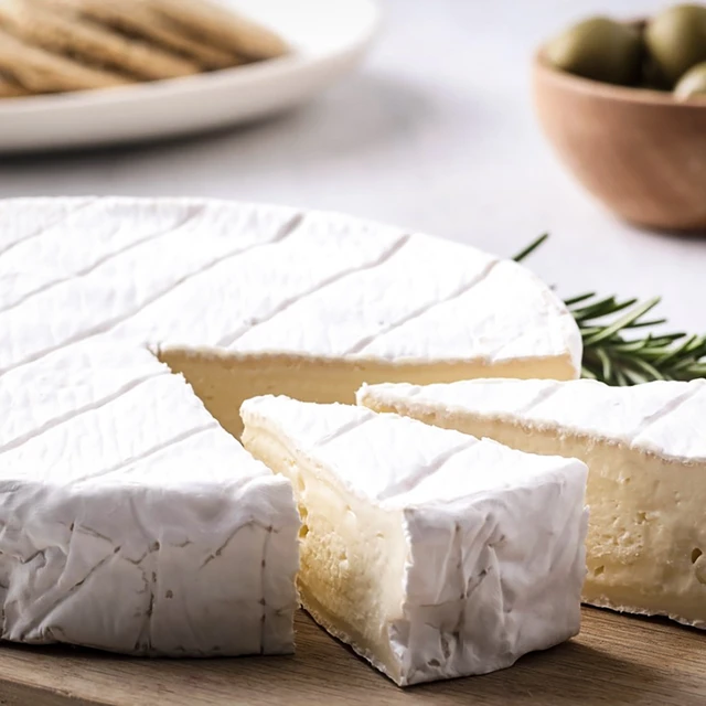 A wheel of Brie with two wedges cut from it and a sprig of rosemary. In the background is a bowl of olives