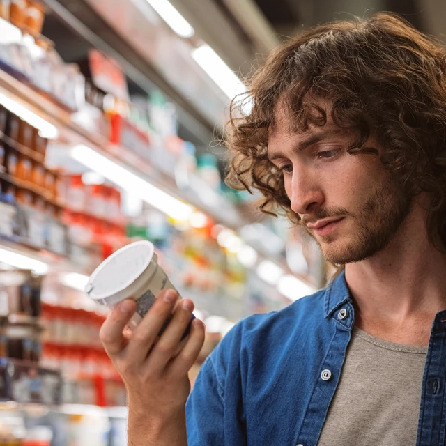 man-looking-at-yoghurt-label-in-supermarket