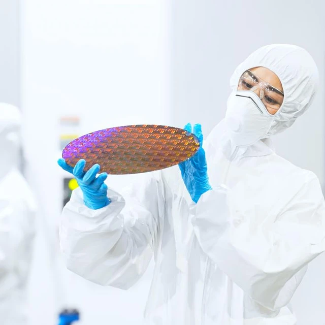 A_female_worker_in_protective_clothing_inspects_silicon_wafers_in_a_semiconductor_factory