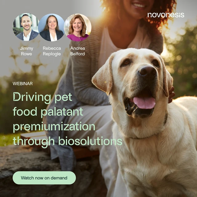 Webinar promotion featuring a dog outdoors, with event title, speaker headshots, and watch on demand button