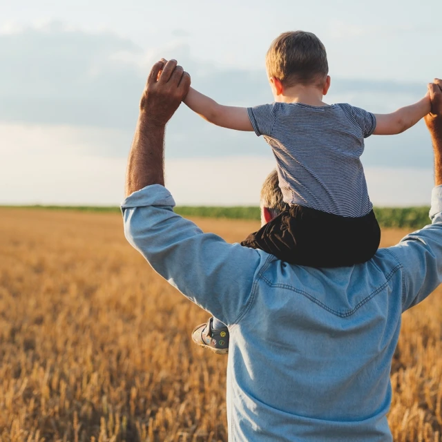 Child on a man's shoulders looking at a field - Flour report