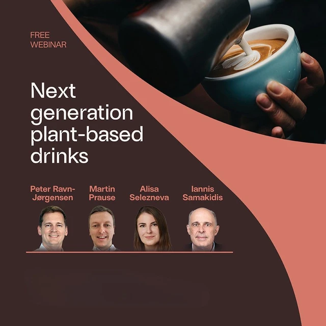 Barista pours a creamy plant-based latte with foam art into a cup, featured with a banner for a free webinar titled Next generation plant-based drinks and speaker names shown below.