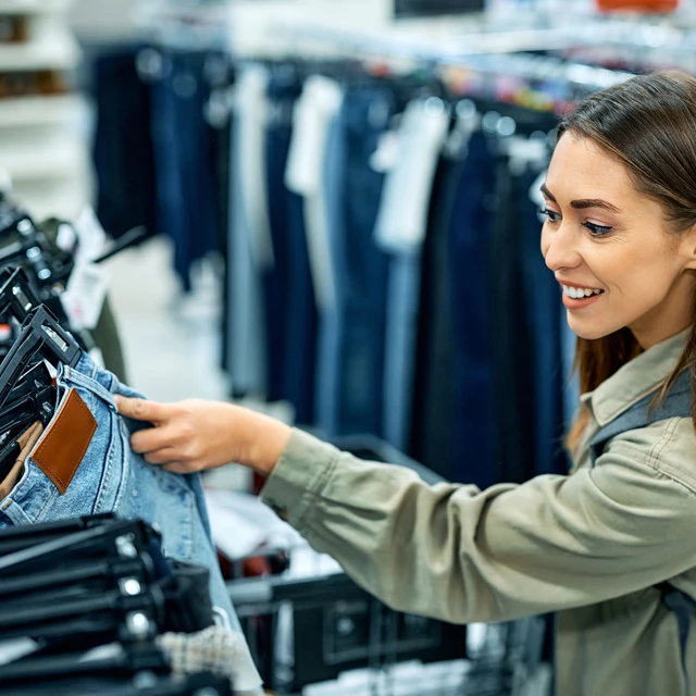 a woman choosing jeans in a shop