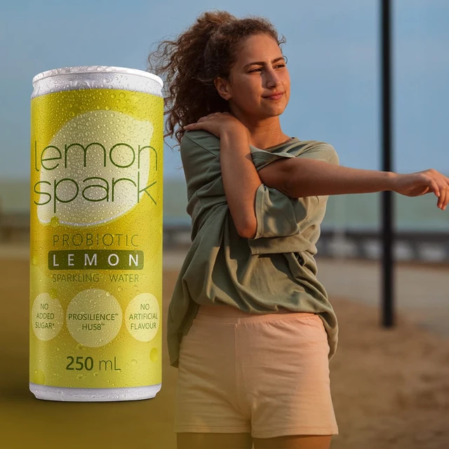 Functional sparkling water concept for health-focused consumers seeking daily gut health support. 
