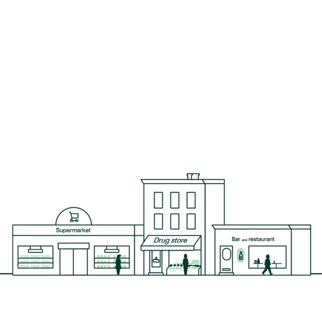 Supermarket, pharmacy and restaurant