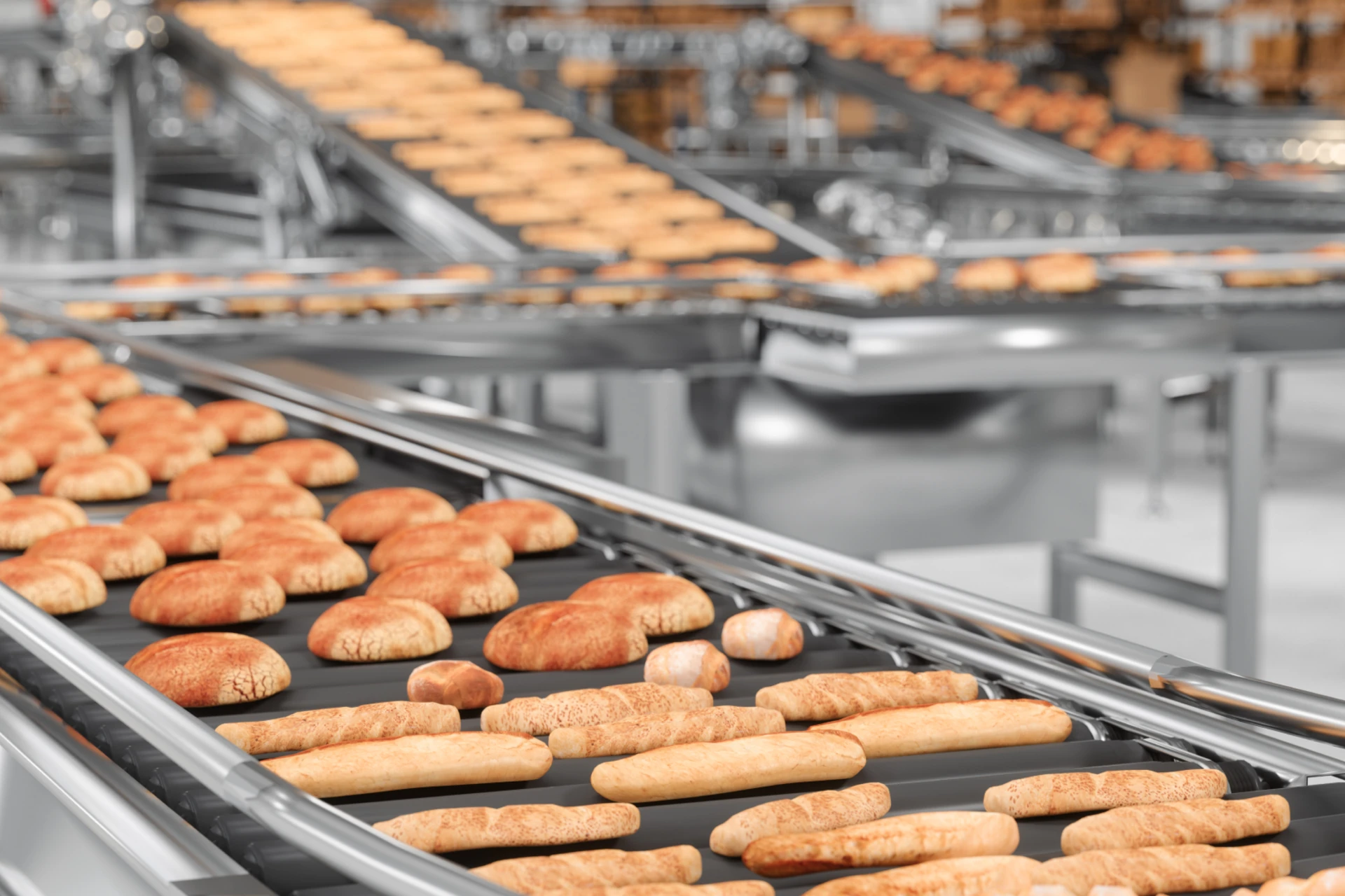 Breads and baguettes in the factory 