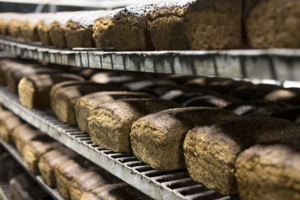 Closeup loaves of bread on shelves 