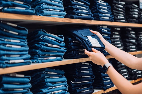 Hands grabbing jeans from shelf 