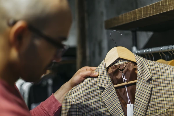 man looking at tweed vest