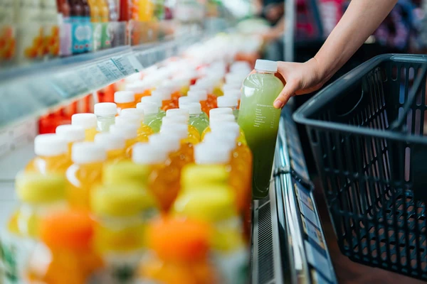 A hand reaching out for a juice in a supermarket
