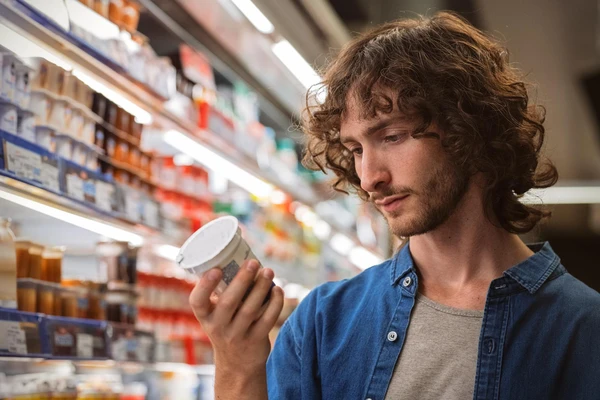 Man looking at yoghurt label in supermarket 