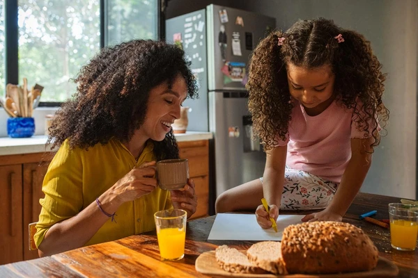 mother and daughter coffee juice bread drawing