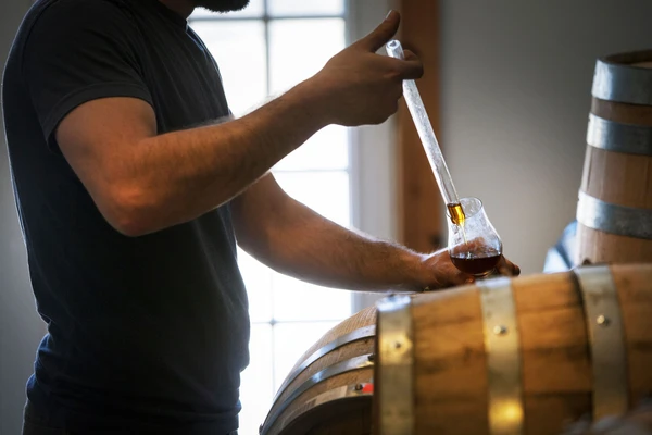 worker trying to text alcohol from fermentation barrel