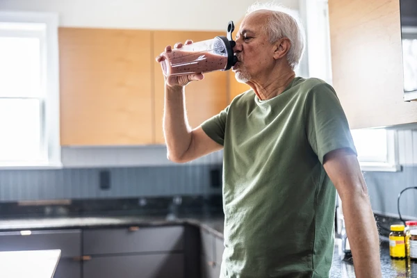 Senior man drinking a fruit smoothie at home