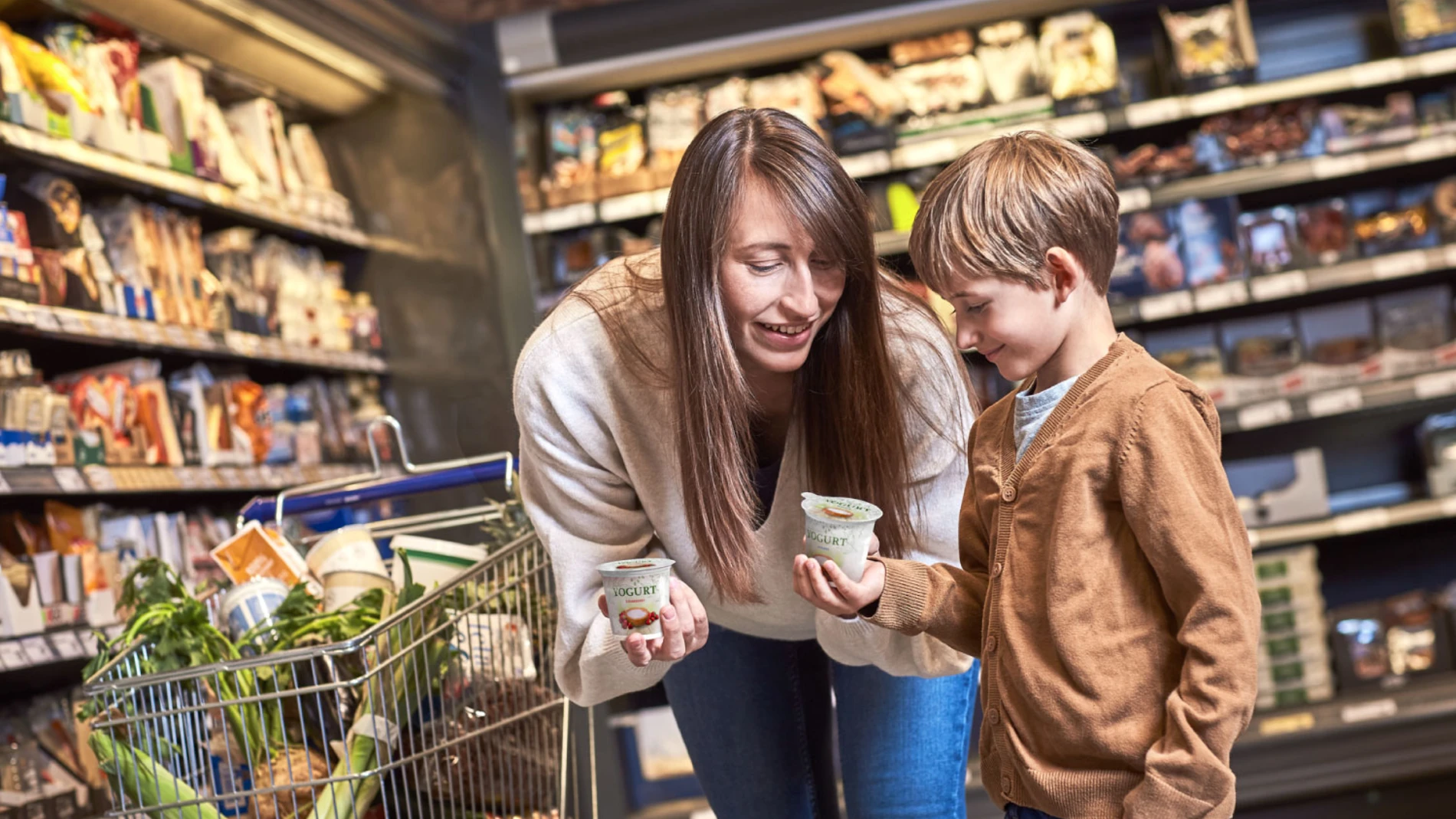 Looking at fermented milk in a supermarket